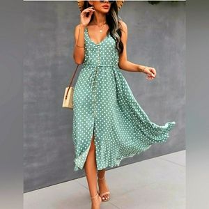Green polka dot sleeveless halter dress